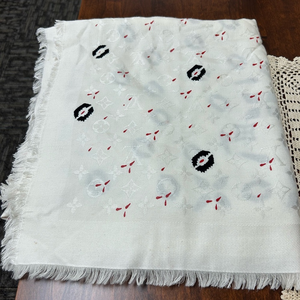 Louis Vuitton oversized White Shawl with Black and Red Patterns